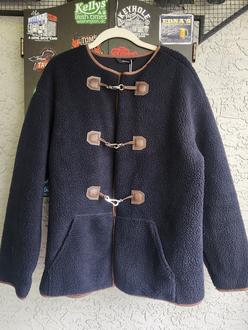 NWT Dokotoo Womens Black Sherpa Fleece Toggle Coat Jacket Leather Trim Size M